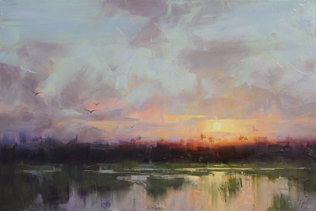 First painting out of the car:   <a href="https://huffharrington.com/collections/ignat-ignatov/products/ignat-ignatov-marsh-sunset" target="_blank">Marsh Sunset, 24×36, $3,900</a>