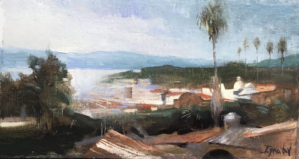 Visiting friends in Mexico, Ignat painted this from the roof of his house. <a href="https://huffharrington.com/collections/ignat-ignatov/products/ignat-ignatov-rooftops" target="_blank">Rooftops 6.5 x 12 $900 Huff Harrington</a>