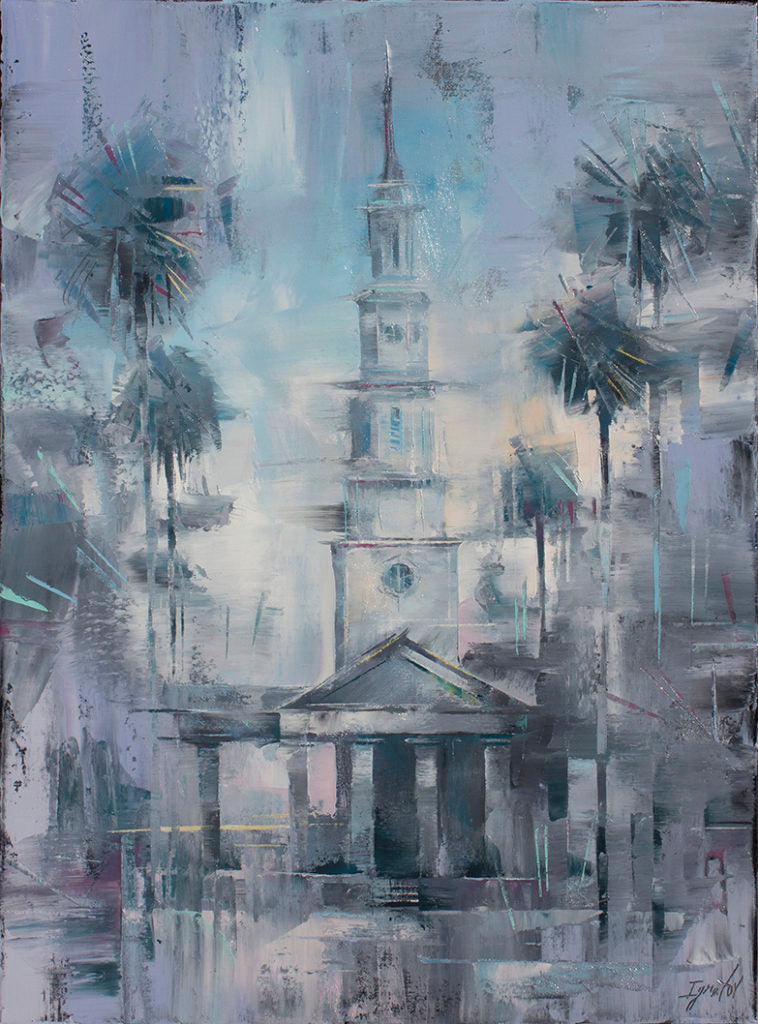 Using a similarly limited palette, Ignat has captured the essence of <a href="https://huffharrington.com/collections/ignat-ignatov/products/ignat-ignatov-st-phillips-in-blues" target="_blank">St. Phillip’s in Charleston, 24 x 18, $2,900</a>
