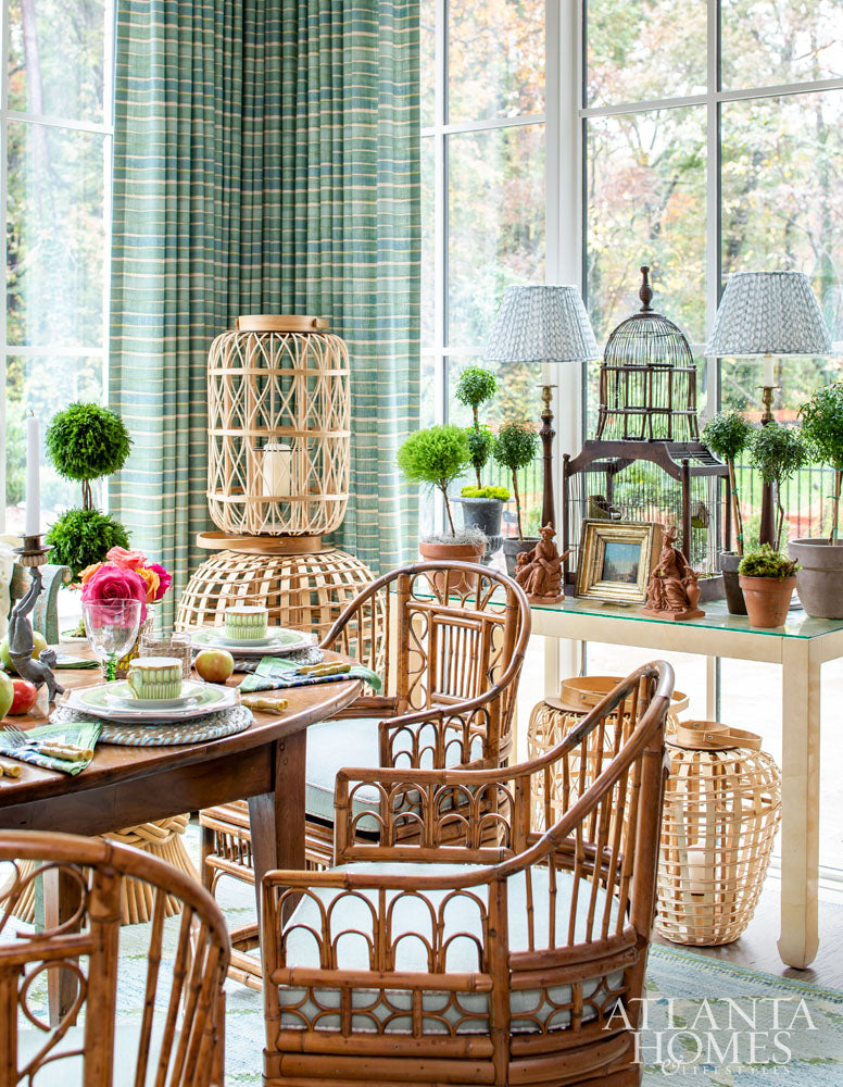 Margaret-Kirkland did a beautiful sun porch using lots of wicker accessories for the AH&L 2018 Holiday House