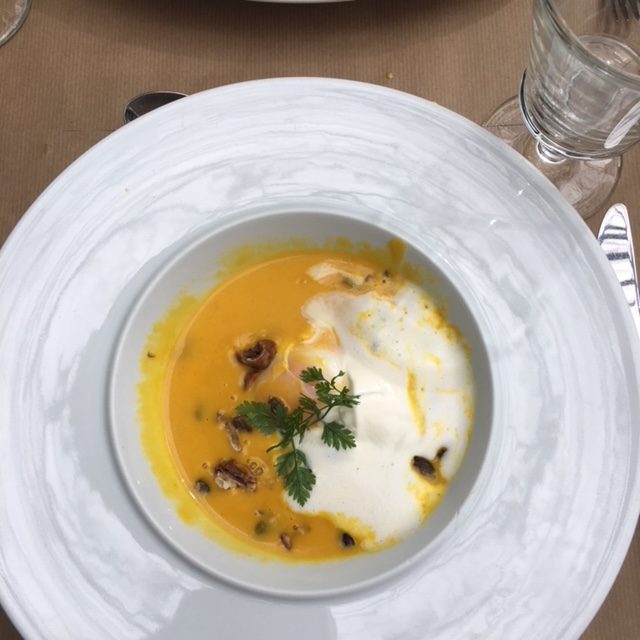 My very favorite thing to eat in France: soupe de potimarron, a happy cross between butternut squash and pumpkin soup. At the Jardin du Quai, they throw in a soft-boiled egg and fresh chestnuts.