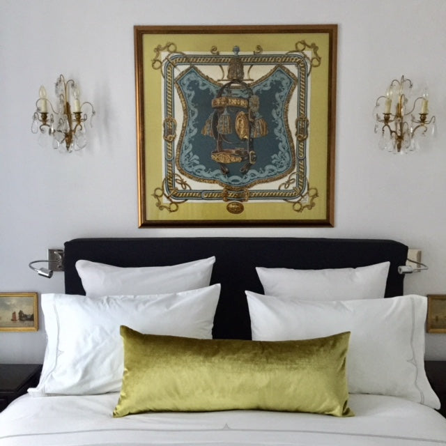 It was pure magic when we fell upon this beautiful mustard and blue Hermes scarf in a neighborhood market. We used it as the basis of the colors for the bedroom (and hand carried all the custom pillows and drapes from Atlanta to match it!).