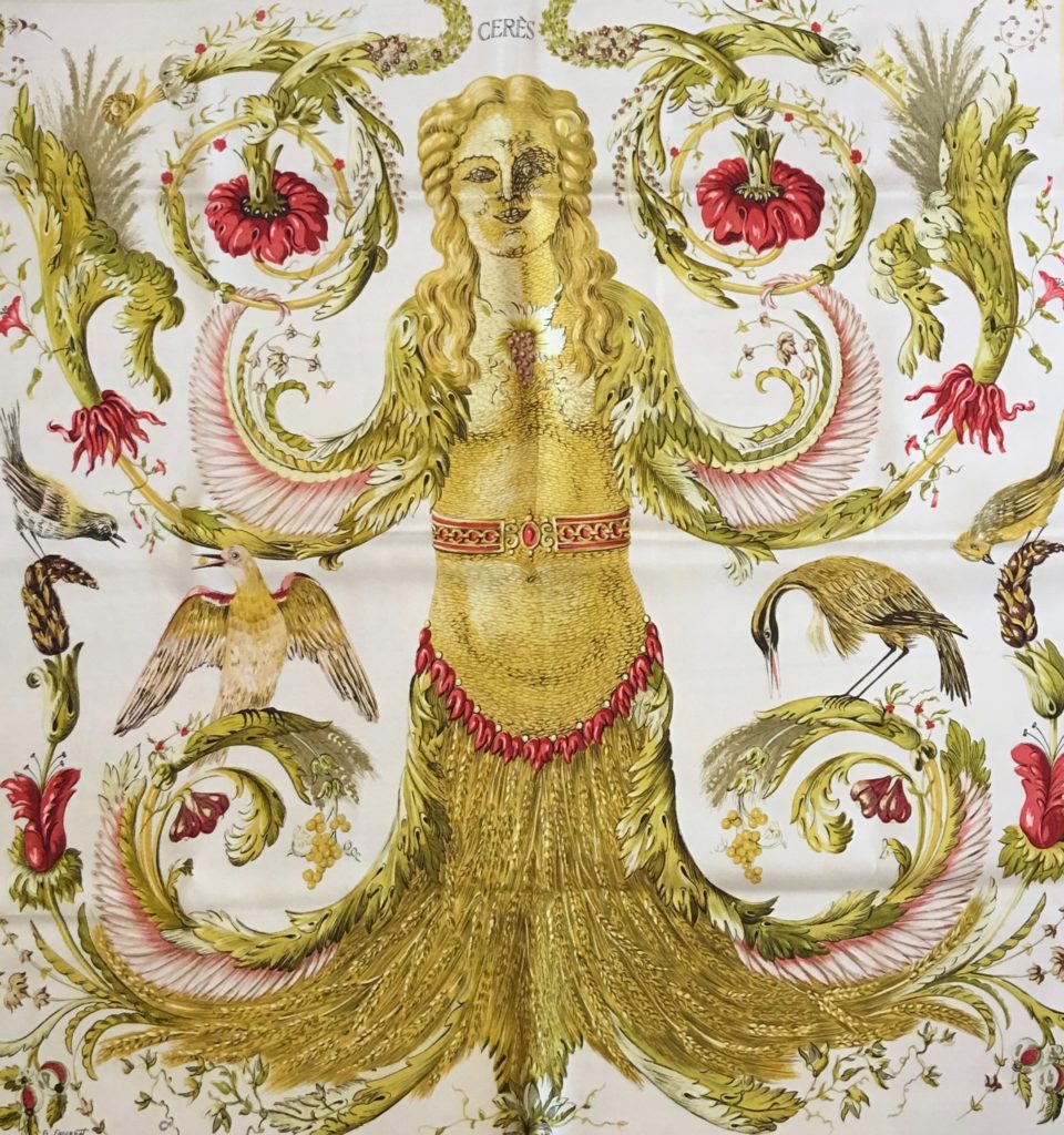 The<a target="_blank" href="https://huffharrington.com/collections/accessories/products/vintage-hermes-scarf-5"> Ceres </a>was introduced in 1967 and designed by Maurice Tranchant.