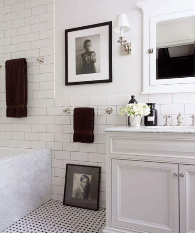 We love incorporating a little vintage charm with modern.  This <a href="https://www.architecturaldigest.com/gallery/richard-lambertson-john-truex-new-york-apartment-slideshow#11" target="_blank">small-space bathroom</a> photographed for Architectural Digest caught our eye for inspiration. 