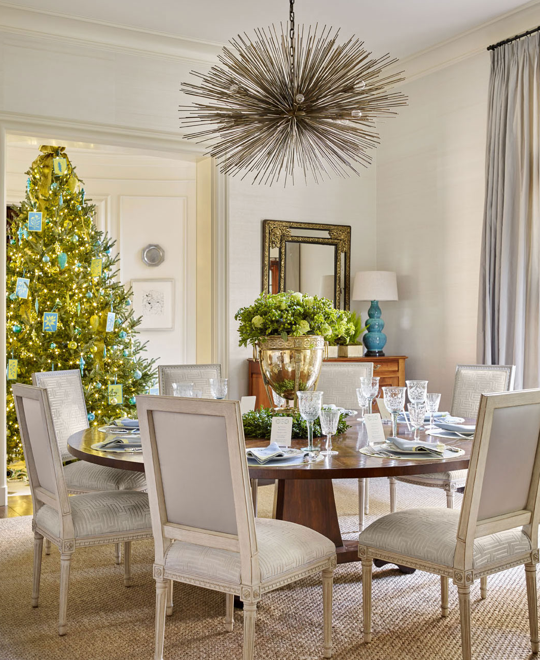 <a href="http://huffdewberry.com" target="_blank">Will Huff and Heather Dewberry </a>added shots of turquoise and chartreuse to their holiday palette for a Buckhead client. From <a href="http://www.traditionalhome.com/category/beautiful-homes/holiday-home-dressed-shades-blue" target="_blank">Traditional Home</a> (photo by Emily Followill.)