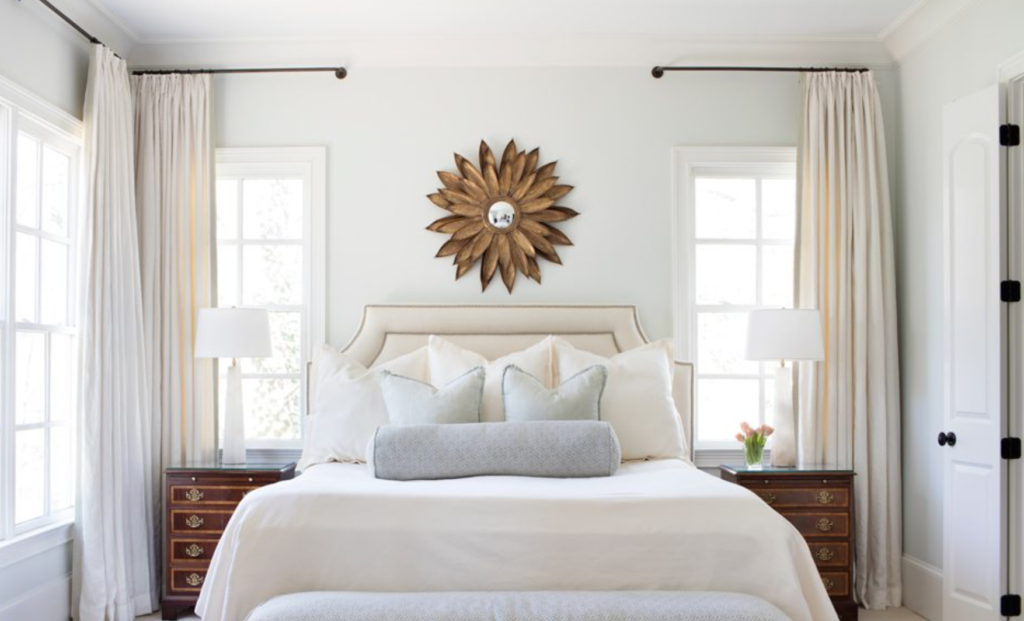 Ansley Ghegan did this beautiful bedroom. The airy, bright and neutral aesthetic reminds us of Kristy’s The Secret to Southern Charm protagonist, Ansley. (<a href="http://atlantahomesmag.com/article/clean-cultivated/" target="_blank">Atlanta Homes and Lifestyles</a> and photos by Sarah Dorio.)