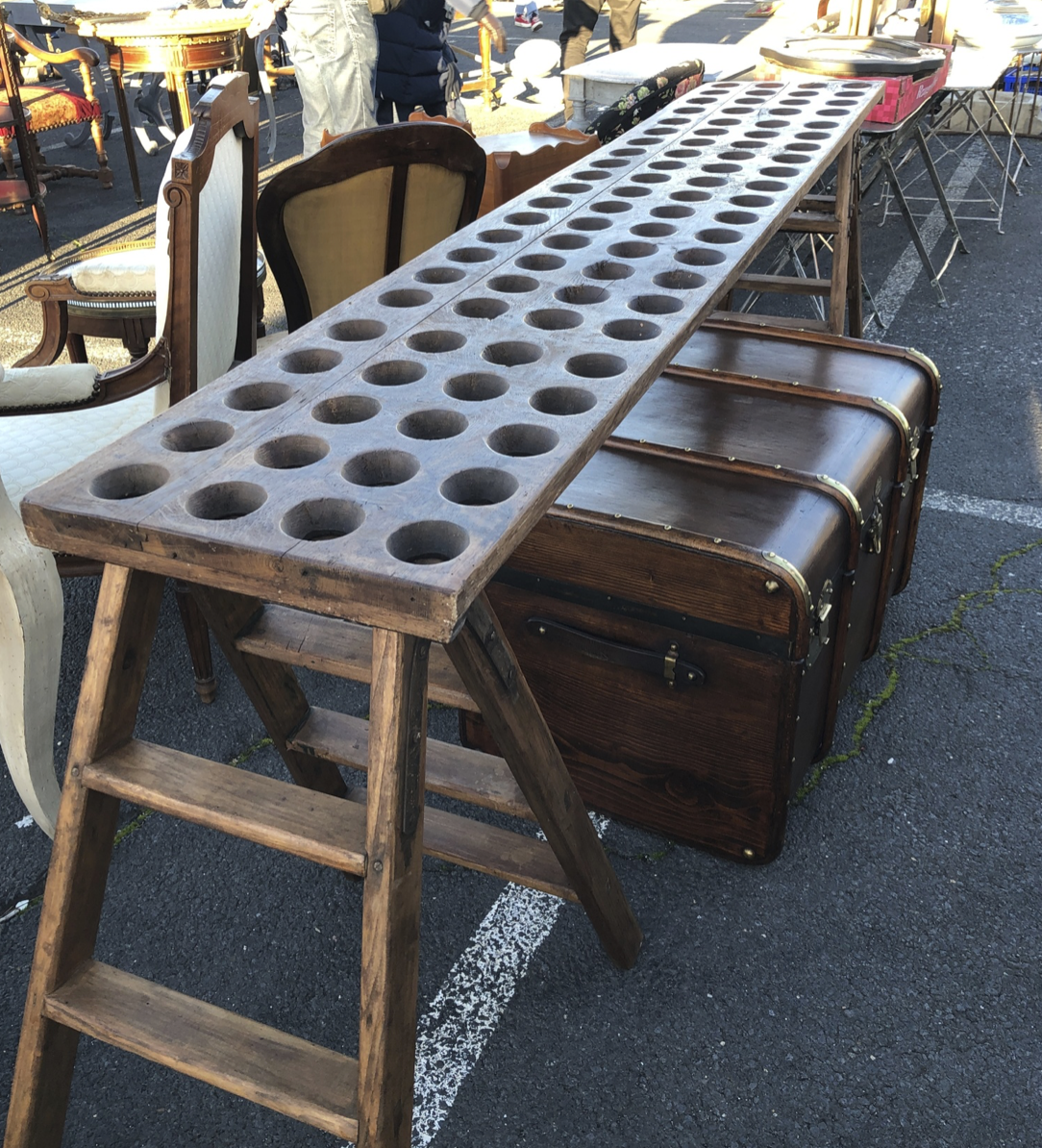 This is a super fun console made from a couple of old crunchy ladders and a vintage wine rack.