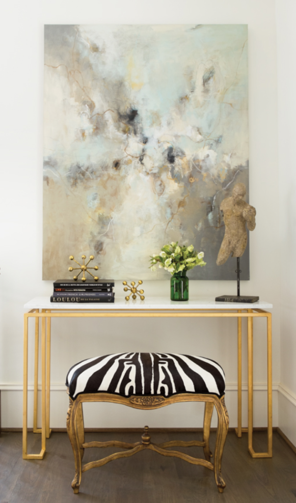 A little vignette we did at the inaugural <a href="https://atlantahomesmag.com/article/southern-showstopper/" target="_blank">Southeastern Designer Showhouse.</a> Art took center stage with an ethereal abstract by <a href="https://huffharrington.com/collections/christina-doelling" target="_blank">Christina Doelling</a>.