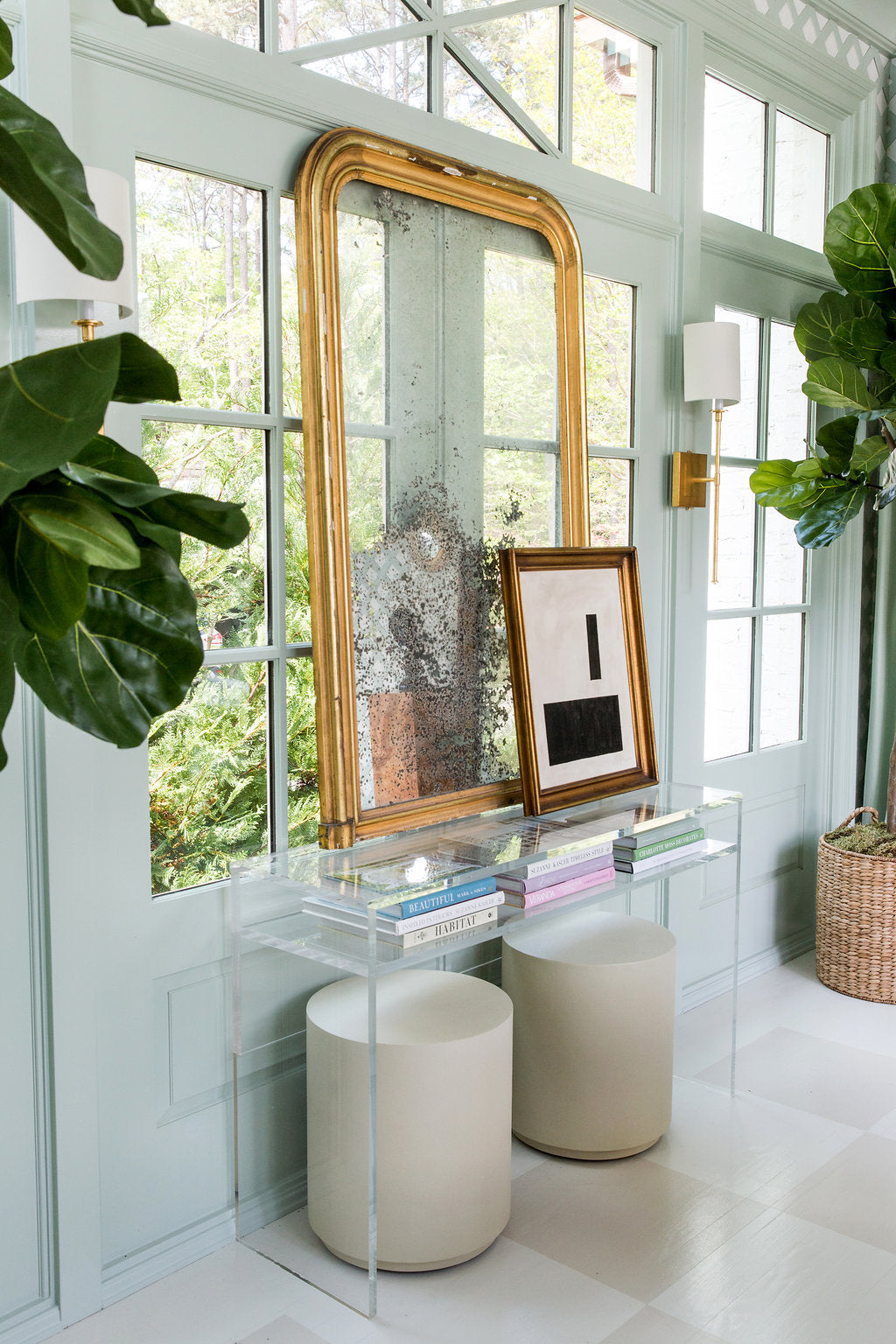 Every room should have at least one antique (and we love the juxtaposition of the Louis Philippe mirror and the lucite console – so chic). Photo by Anna Routh (http://annarouth.com)