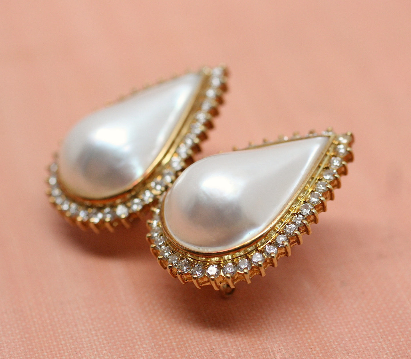 18k Mabe Pearl And Diamond Pierced Earrings Pippin Vintage Jewelry 