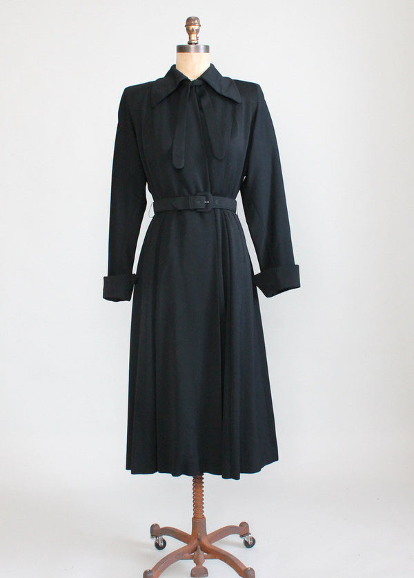 Vintage 1940s Black Wool Gabardine Princess Trench Coat 