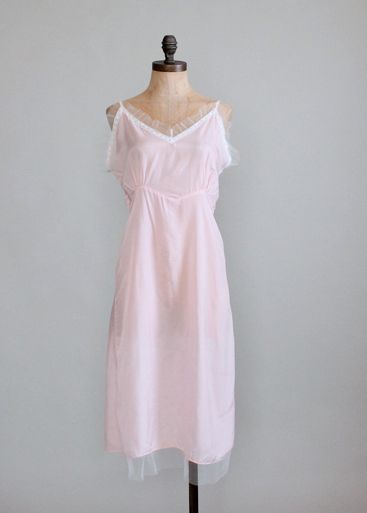 Vintage 1940s Pale Pink Rayon Nightgown With White Mesh Trim Raleigh Vintage 8396