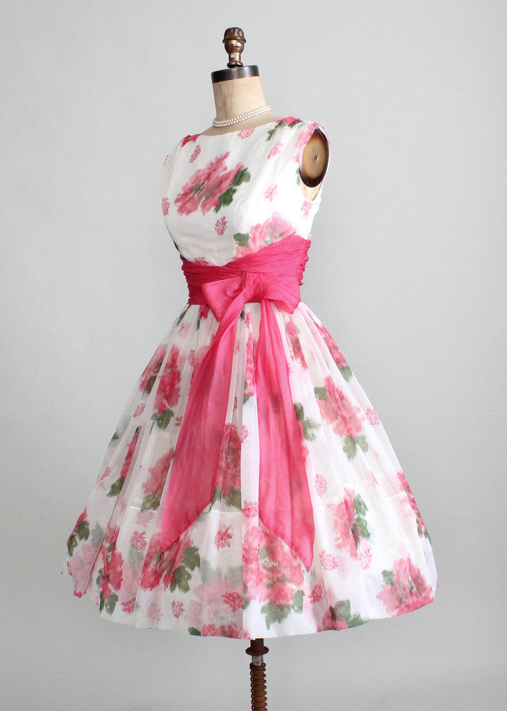 Vintage 1950s Pink Roses Chiffon Party Dress Raleigh Vintage