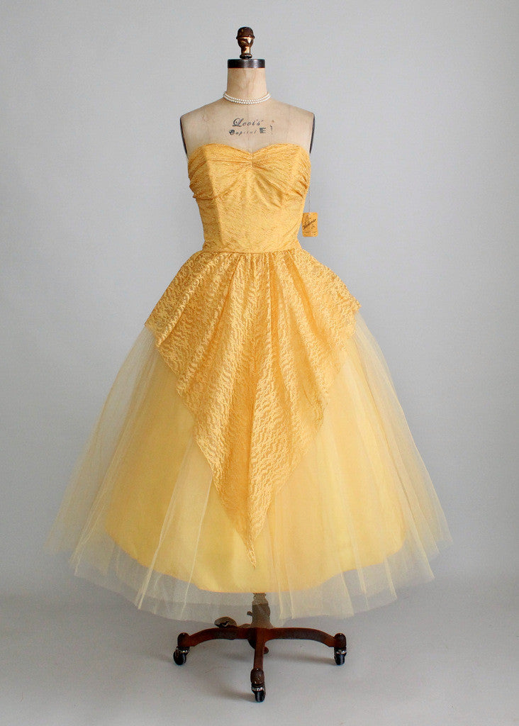 Home  Products  Vintage 1950s Saffron Lace Strapless Prom Dress NOS