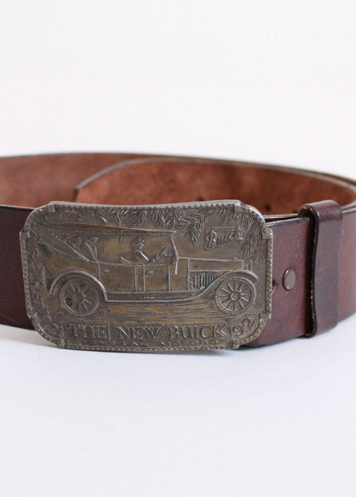 Vintage 1970s Buick Brass Buckle and Brown Leather Belt | Raleigh Vintage