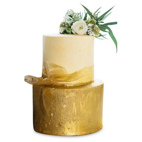 Dello Mano Wedding Cake - stacked two tier with gold gilt base