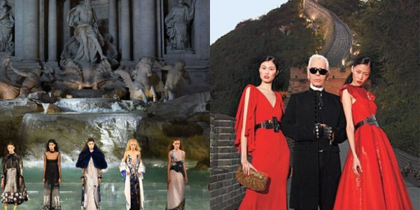 Photo's of the Fendi fashions shows on the Trevi Fountain and the Great Wall of China