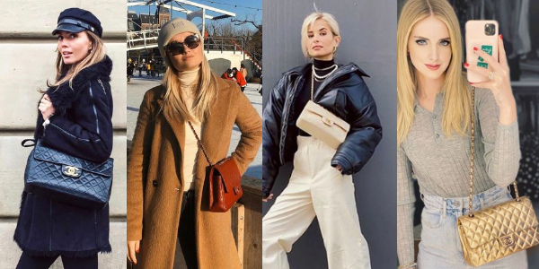 Four photo's of famous women with their Chanel Classic Flap Bags in black, red, beige, and gold.