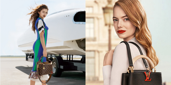 Selena Gomez and Emma Stone in their ad campaigns for Louis Vuitton.
