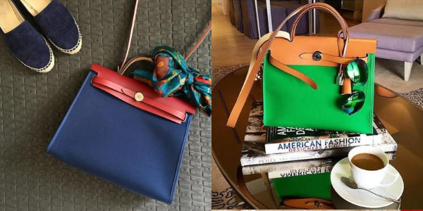 The Hermès Herbag in a red and blue combination on the left. And an orange and green combination on the right.