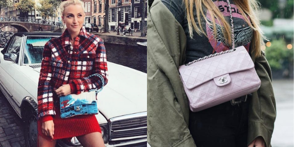 Posing with the Classic Flap Bag. One photo with a limited edition denim bag. A second photo with a, more common, lambskin leather bag in light pink.