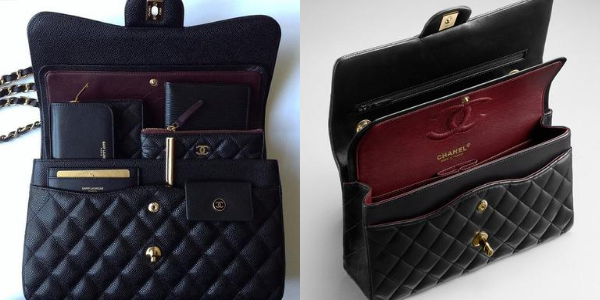 Showcasing the inside of the Chanel Classic Flap Bag.