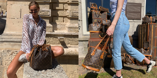 Some iconic Louis Vuitton bags: The (petit) Noé and the bucket bag (in front of more LV products)