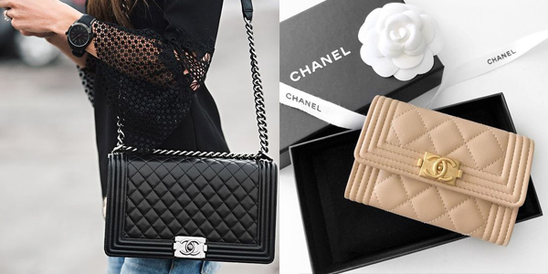 A black Chanel boy bag and a pink Chanel boy wallet