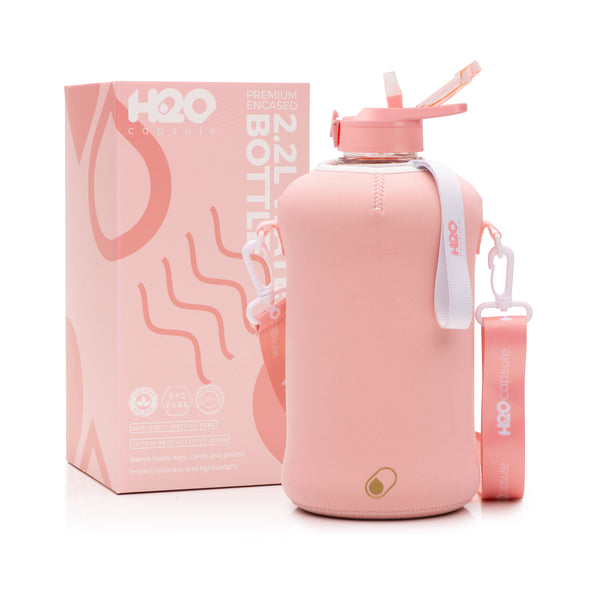 Rose Quartz -Classic- H2O Capsule 2.2L Half Gallon Water Bottle with Storage Sleeve and straw lid
