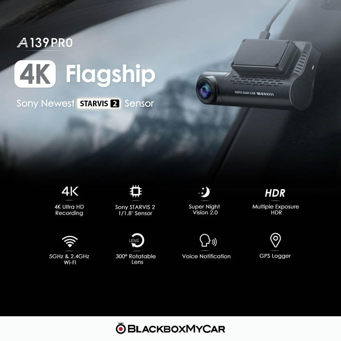 VIOFO A139 Pro 4K 1-Channel Dash Cam with GPS - Dash Cams - VIOFO A139 Pro 4K 1-Channel Dash Cam with GPS - 1-Channel, 4K UHD @ 30 FPS, Adhesive Mount, App Compatible, China, G-Sensor, GPS, Hardwire Install, Loop Recording, Mobile App, Mobile App Viewer, Night Vision, Parking Mode, Security, Super Capacitor, Wi-Fi - BlackboxMyCar