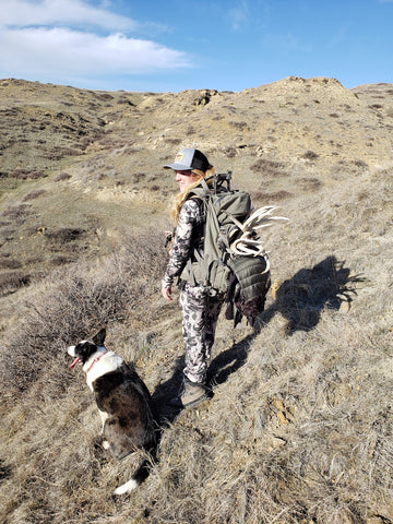 Cari shed hunting with dog, Sadie