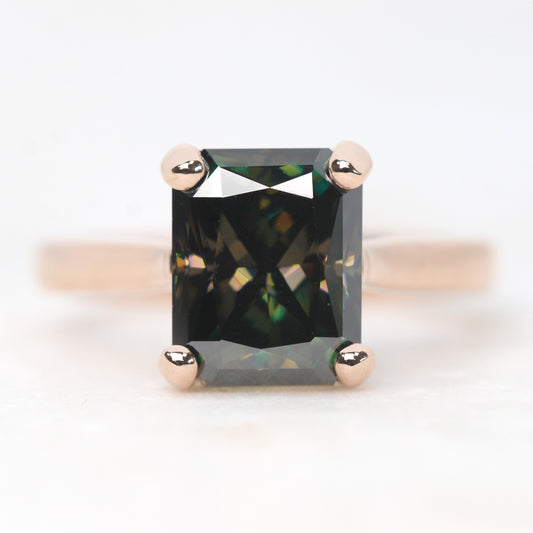 Lexi Ring with a 4.00 Carat Emerald Cut Black and Teal Moissanite in 14k Rose Gold - Ready to Size and Ship - Midwinter Co. Alternative Bridal Rings and Modern Fine Jewelry