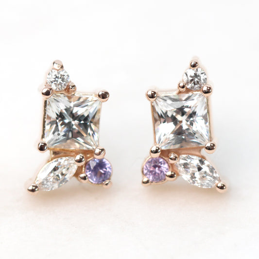 CAELEN (M) Princess Cut White Sapphire Cluster Earrings with Diamond & Pink Sapphire Accents - Made to Order, Your Choice of 14k Gold - Midwinter Co. Alternative Bridal Rings and Modern Fine Jewelry