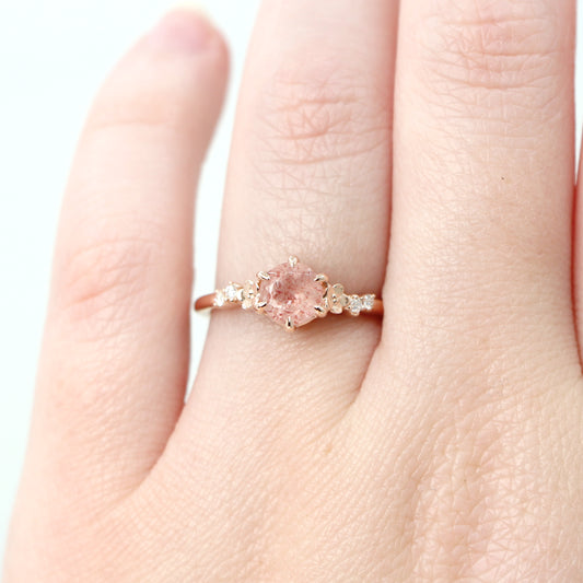 Meadow Ring with a 0.89 Carat Round Strawberry Quartz and White Accent Diamonds in 14k Rose Gold - Ready to Size and Ship - Midwinter Co. Alternative Bridal Rings and Modern Fine Jewelry