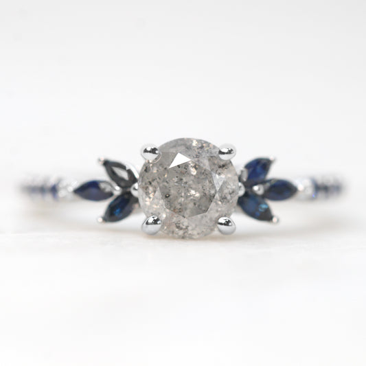 Betty Ring with a 1.11 Carat Round Light Gray Celestial Diamond and Blue Accent Sapphires in 14k White Gold - Ready to Size and Ship - Midwinter Co. Alternative Bridal Rings and Modern Fine Jewelry