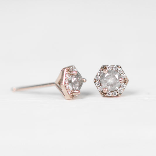 .35 Carat Hexagon Halo Earrings Stud Pair with Light Gray Celestial Diamonds in 14k gold- Ready to Ship - Midwinter Co. Alternative Bridal Rings and Modern Fine Jewelry