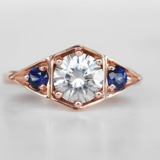 Cassia Ring with Gray Moissanite and Blue Sapphire Accents in 10k Rose Gold - Ready to Size and Ship - Midwinter Co. Alternative Bridal Rings and Modern Fine Jewelry