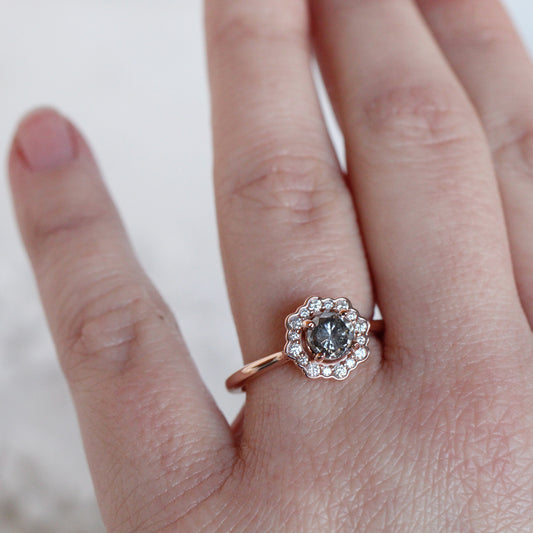 Daisy Ring with a 0.96 Carat Celestial Diamond and White Diamond Halo in 14k Rose Gold - Ready to Size and Ship - Midwinter Co. Alternative Bridal Rings and Modern Fine Jewelry