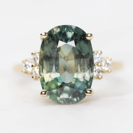 Veragene Ring with a 10.48 Carat Blue Green Oval Sapphire and White Accent Diamonds in 14k Yellow Gold - Ready to Size and Ship - Midwinter Co. Alternative Bridal Rings and Modern Fine Jewelry