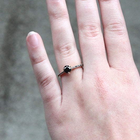 CAELEN Veronica Ring with a 1 Carat Black Diamond and Eighteen French Set Black Accent Diamonds in 10k Yellow Gold - Ready to Size and Ship - Midwinter Co. Alternative Bridal Rings and Modern Fine Jewelry