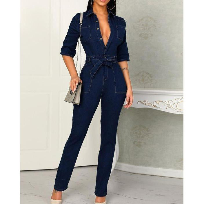 purple denim jumpsuit