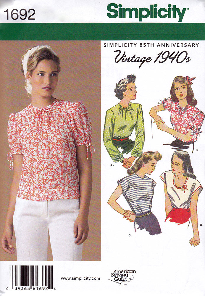 Simplicity 1692. 1940s Vintage Reproduction Pattern. Women's Blouse Se