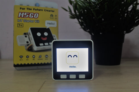 internet of things (IoT) M5GO, small black and white rectangle with lcd screen and buttons