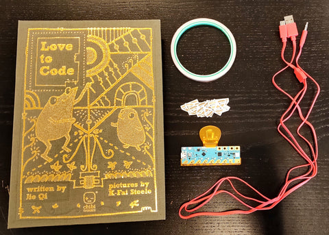Layout of components from Chibitronics "Love To Code" Creative Coding Kit on GetHacking Online Store