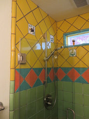 Mexican tile bathroom shower yellow and green