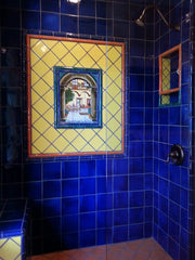 Mexican tile bathroom shower blue mural