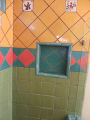 Mexican tile bathroom shower green and peach