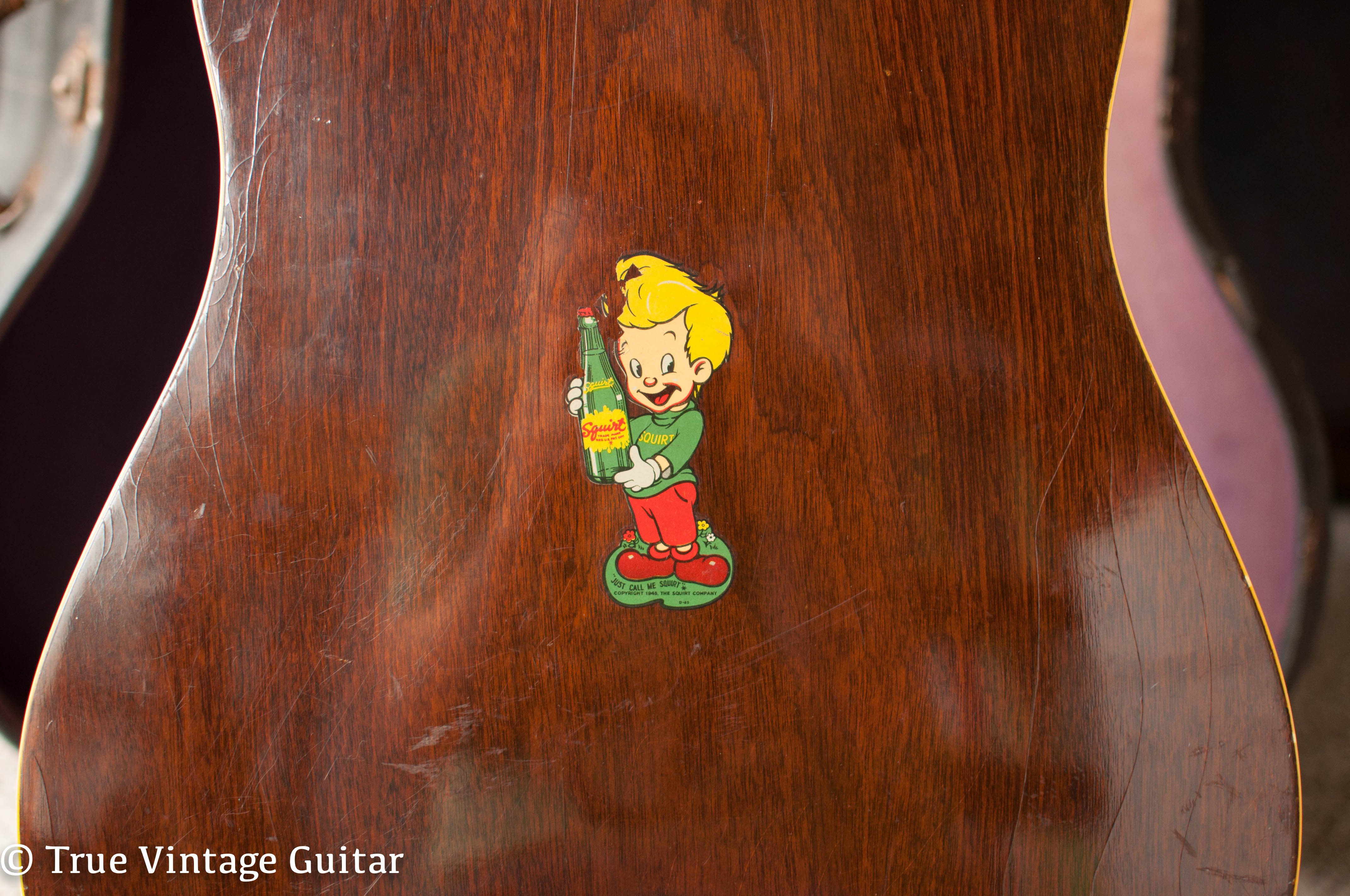 Squirt soda sticker, vintage Gibson acoustic guitar