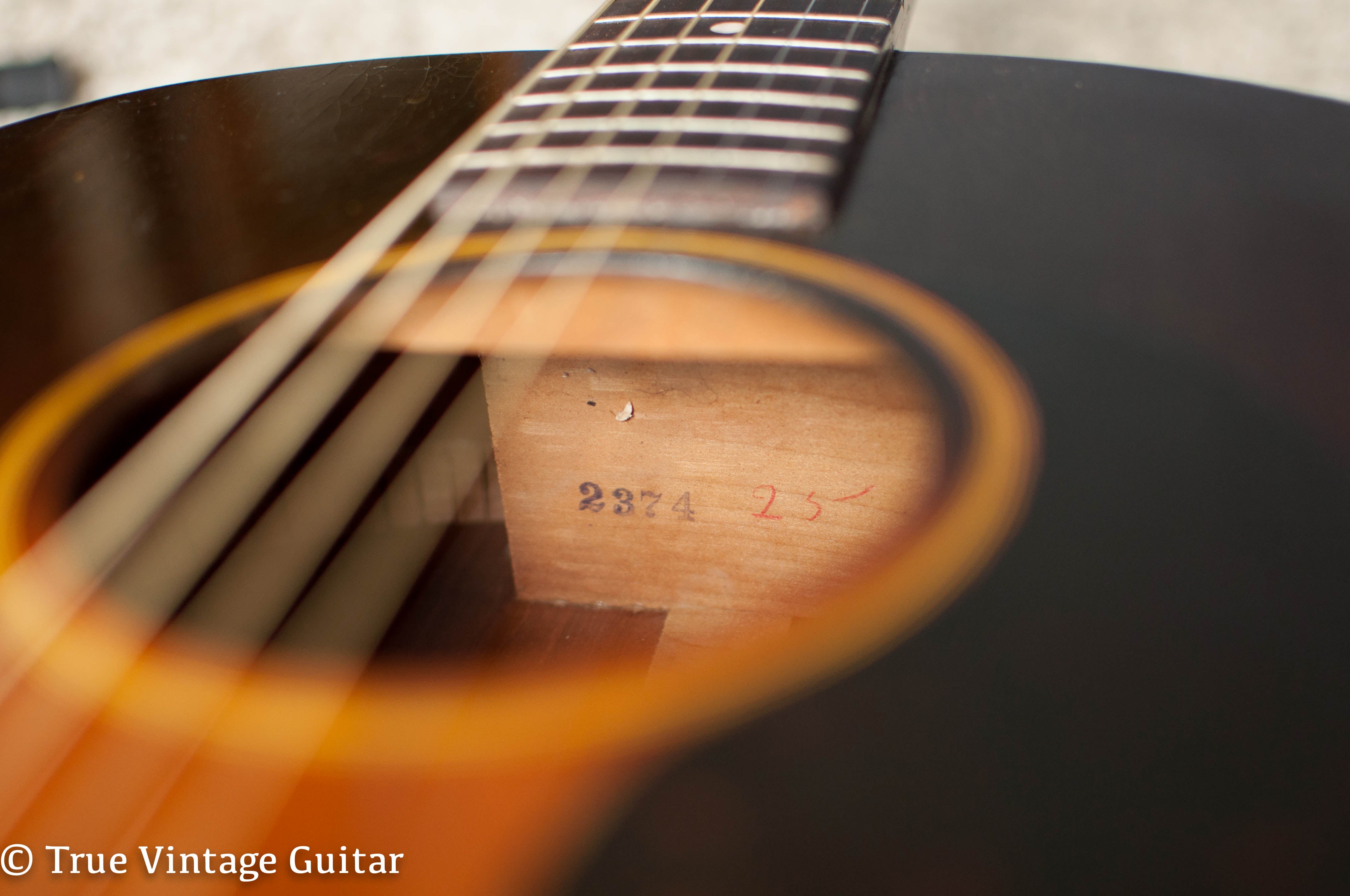 Factory order number, neck block, Vintage Gibson J-45 acoustic guitar