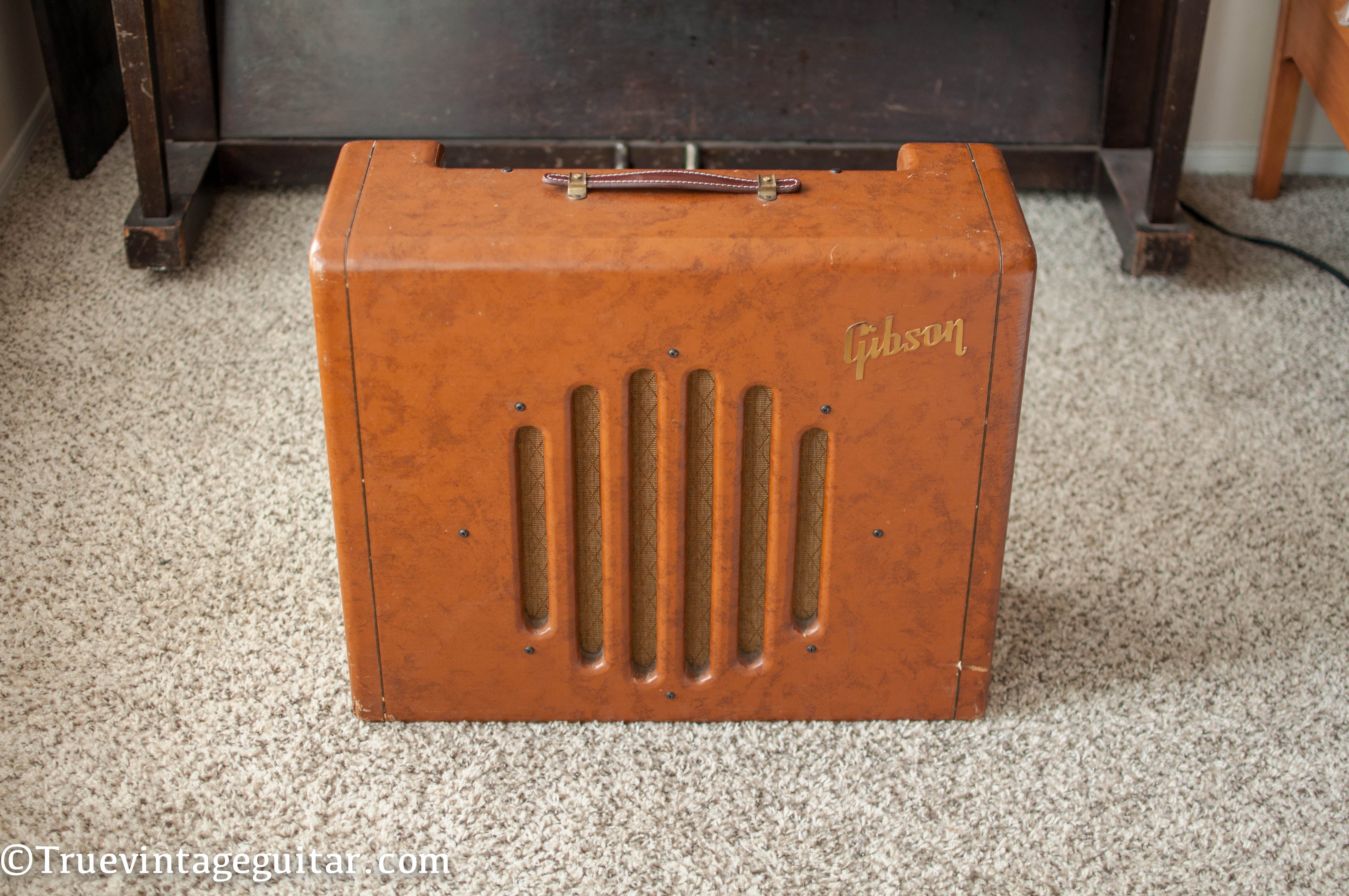 Large brown leather vintage Gibson guitar amplifier
